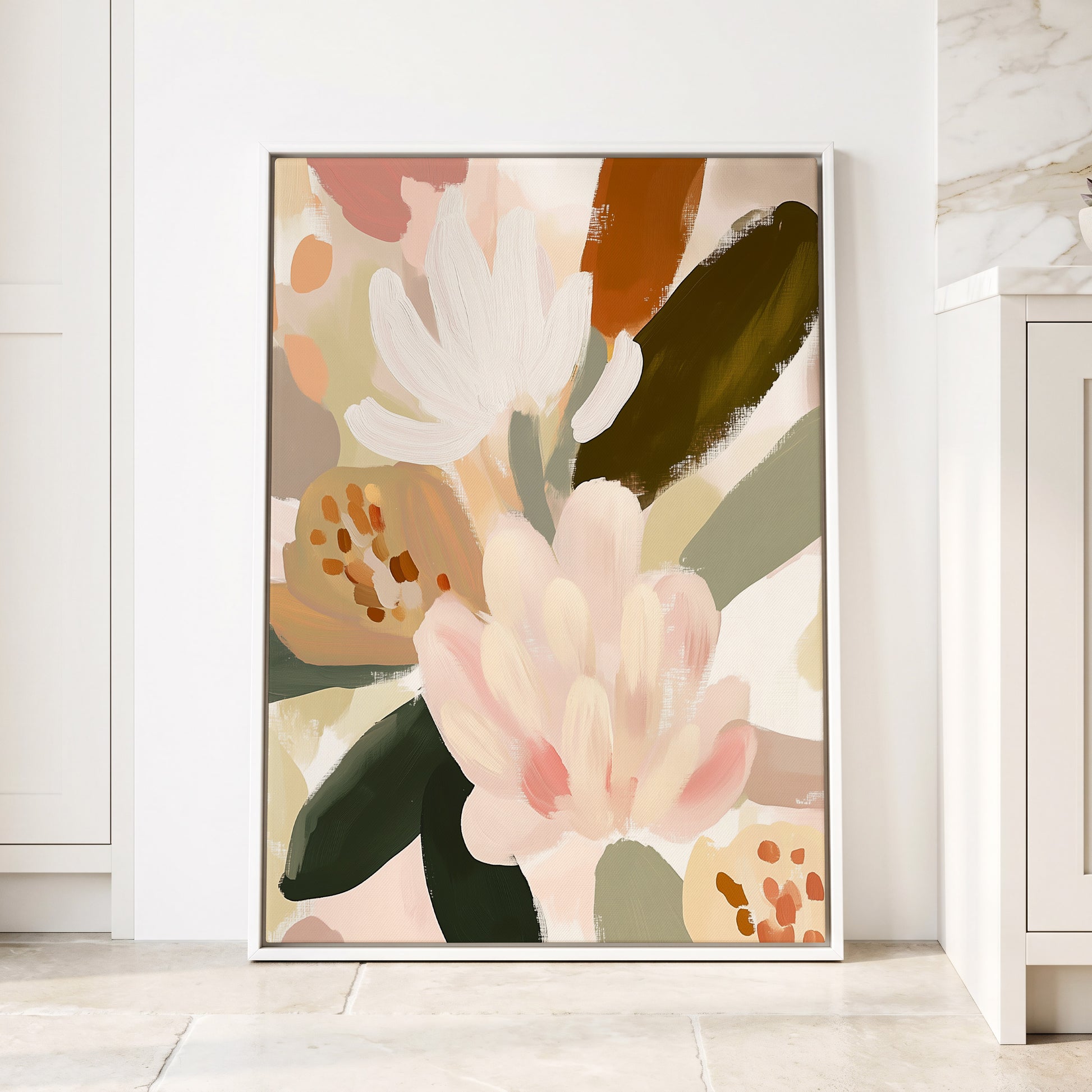Blush Botanica, pink, white, green floral wall art displayed in a styled interior, gallery view 4