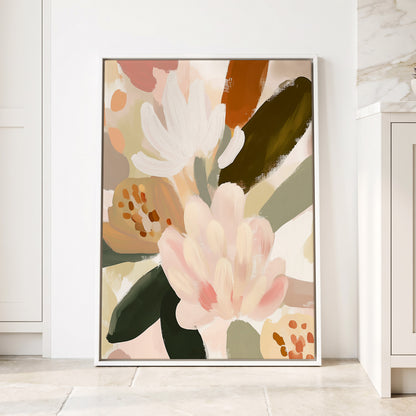Blush Botanica, pink, white, green floral wall art displayed in a styled interior, gallery view 4