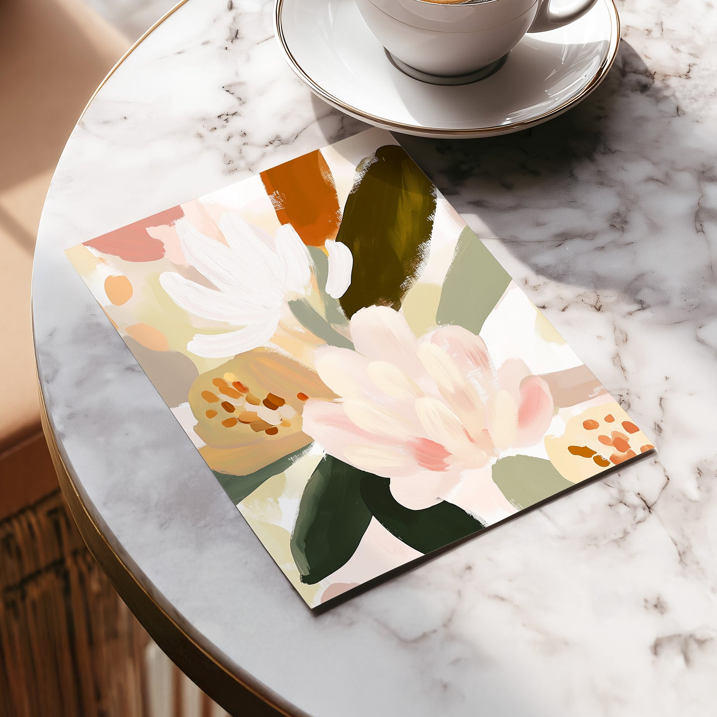 Blush Botanica, pink, white, green floral wall art displayed in a styled interior, gallery view 5