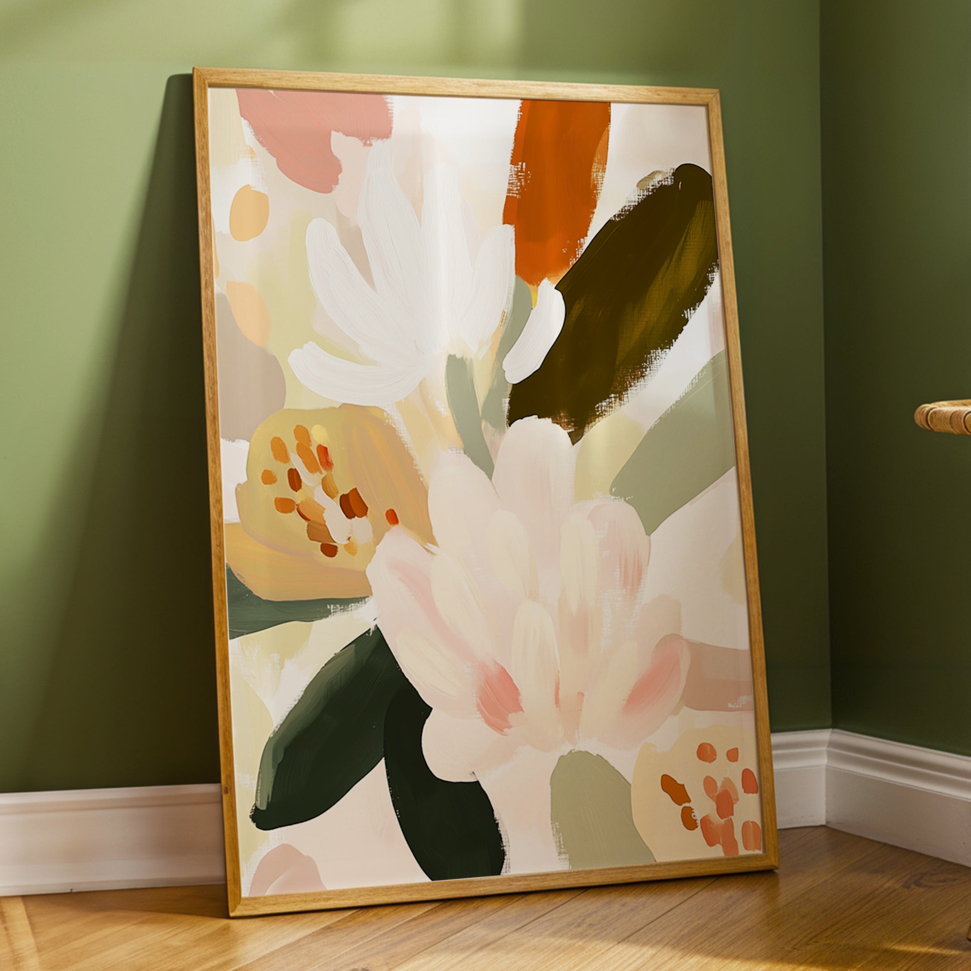 Blush Botanica, pink, white, green floral wall art displayed in a styled interior, gallery view 6