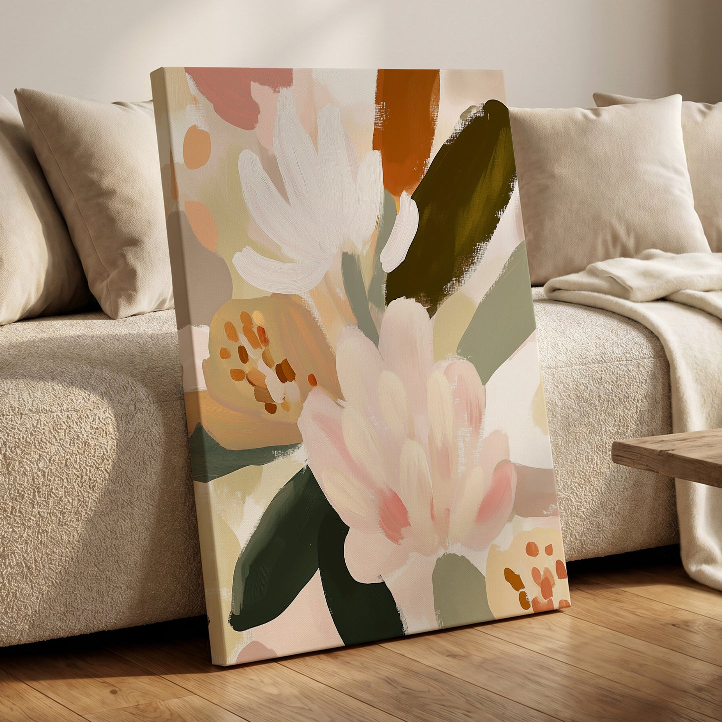 Blush Botanica, pink, white, green floral wall art displayed in a styled interior, gallery view 7