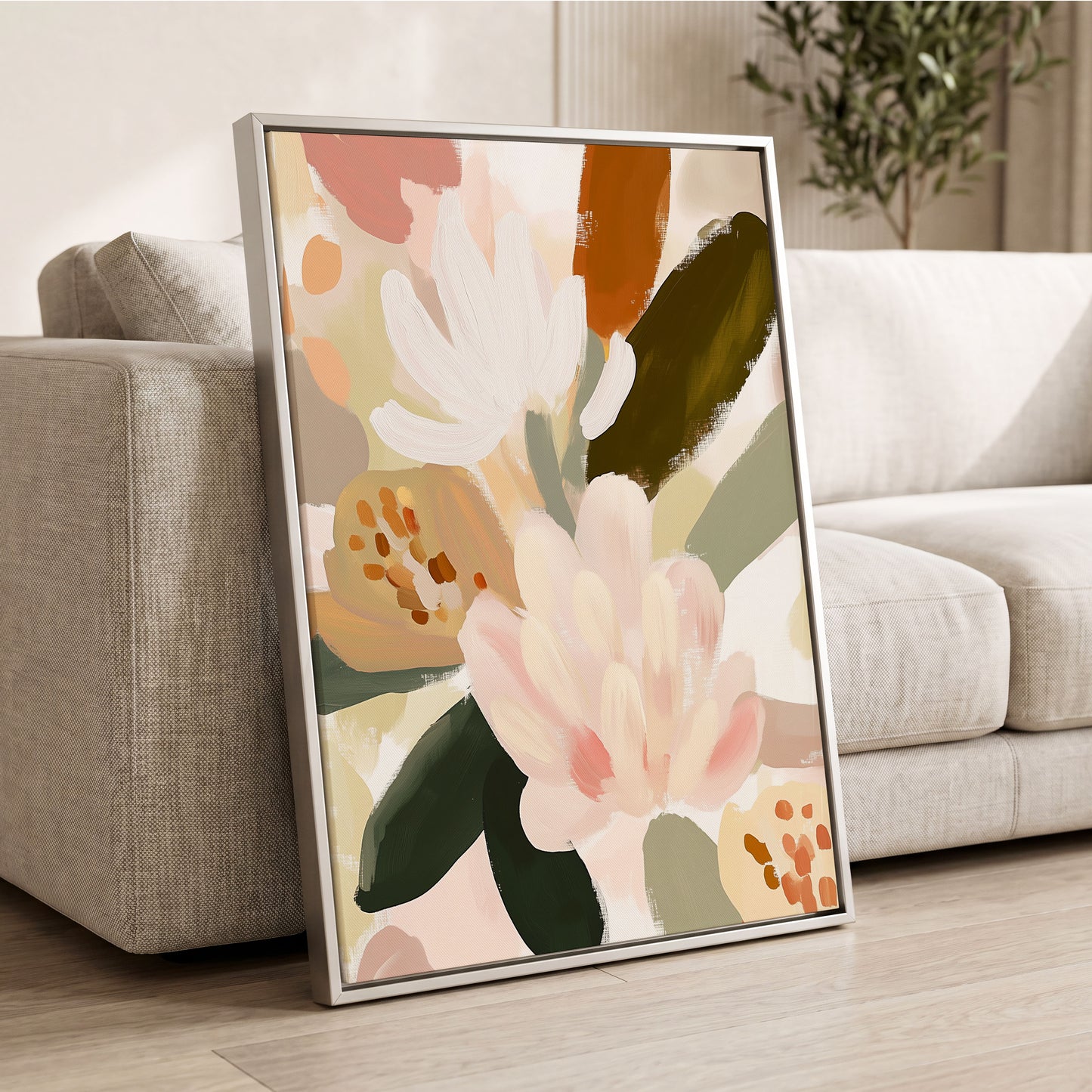 Blush Botanica, pink, white, green floral wall art displayed in a styled interior, gallery view 8