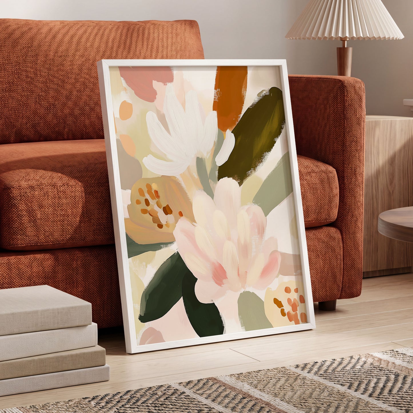 Blush Botanica, pink, white, green floral wall art displayed in a styled interior, gallery view 9
