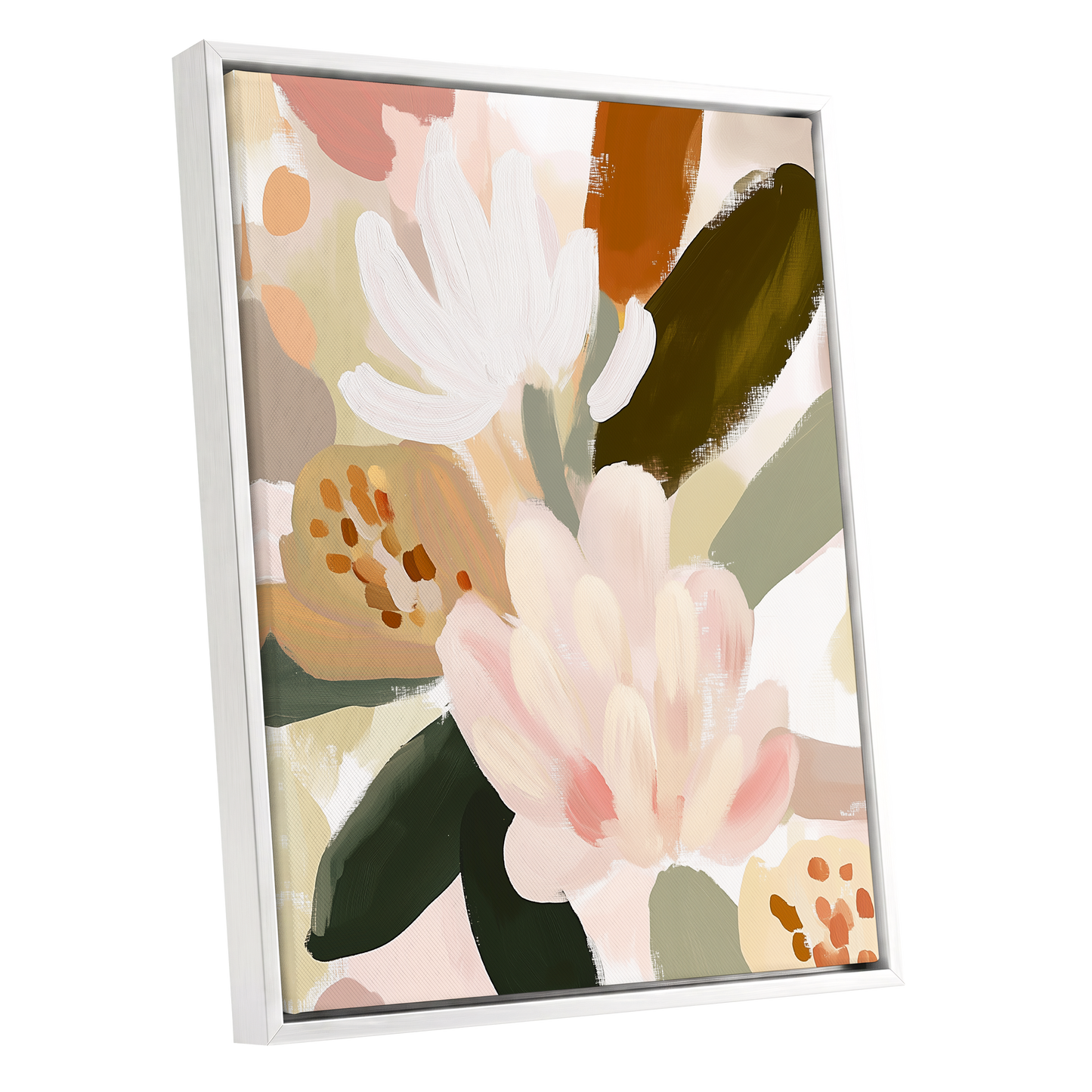 Blush Botanica, pink, white, green floral wall art shown as a white framed canvas wall art