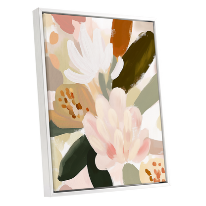 Blush Botanica, pink, white, green floral wall art shown as a white framed canvas wall art