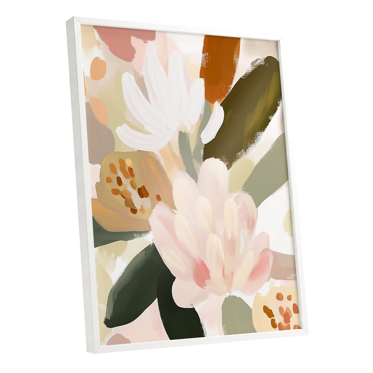 Blush Botanica, pink, white, green floral wall art shown as a white framed poster wall art print