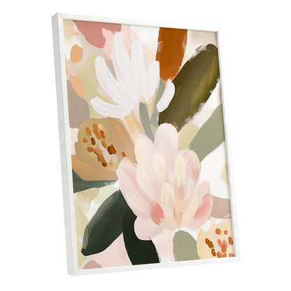 Blush Botanica, pink, white, green floral wall art shown as a white framed poster wall art print
