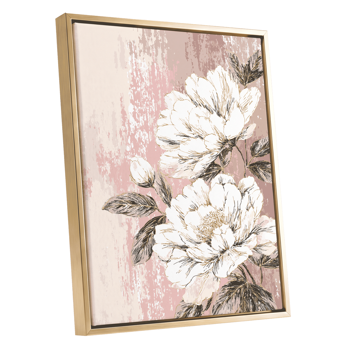 Blush Botanical Bloom: framed canvas wall art featuring large white peony flowers with dark gray leaves on a distressed dusty pink background, enclosed in a gold frame.
