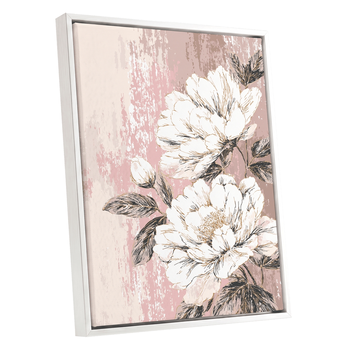 Blush Botanical Bloom: framed canvas wall art featuring large white peony-style flowers with dark gray leaves on a distressed dusty pink background, shown at an angle against a plain white backdrop.