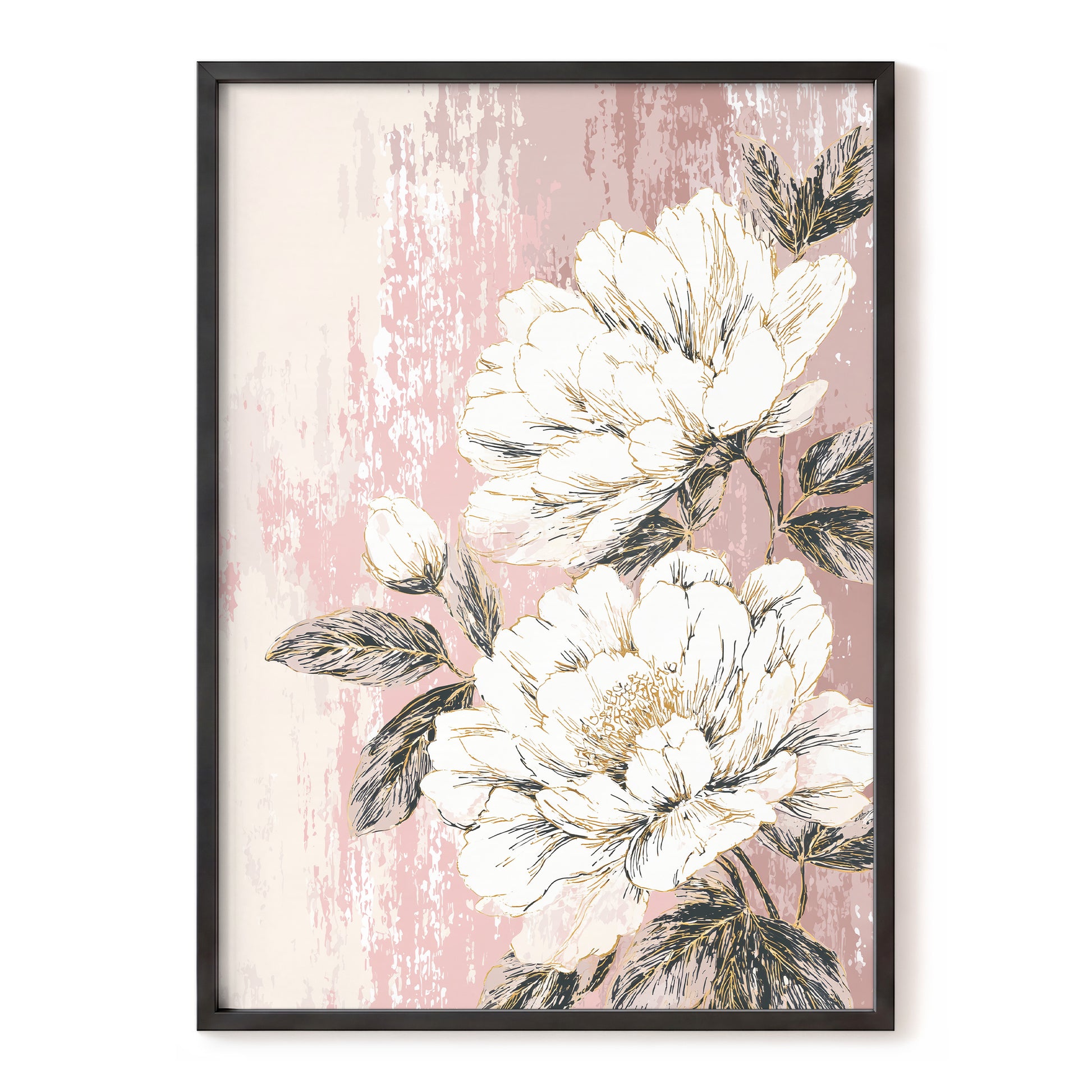Blush Botanical Bloom: framed floral wall art featuring large white peony-style flowers with dark green leaves on a distressed pink and cream background, shown in a black rectangular frame against a light gray wall.