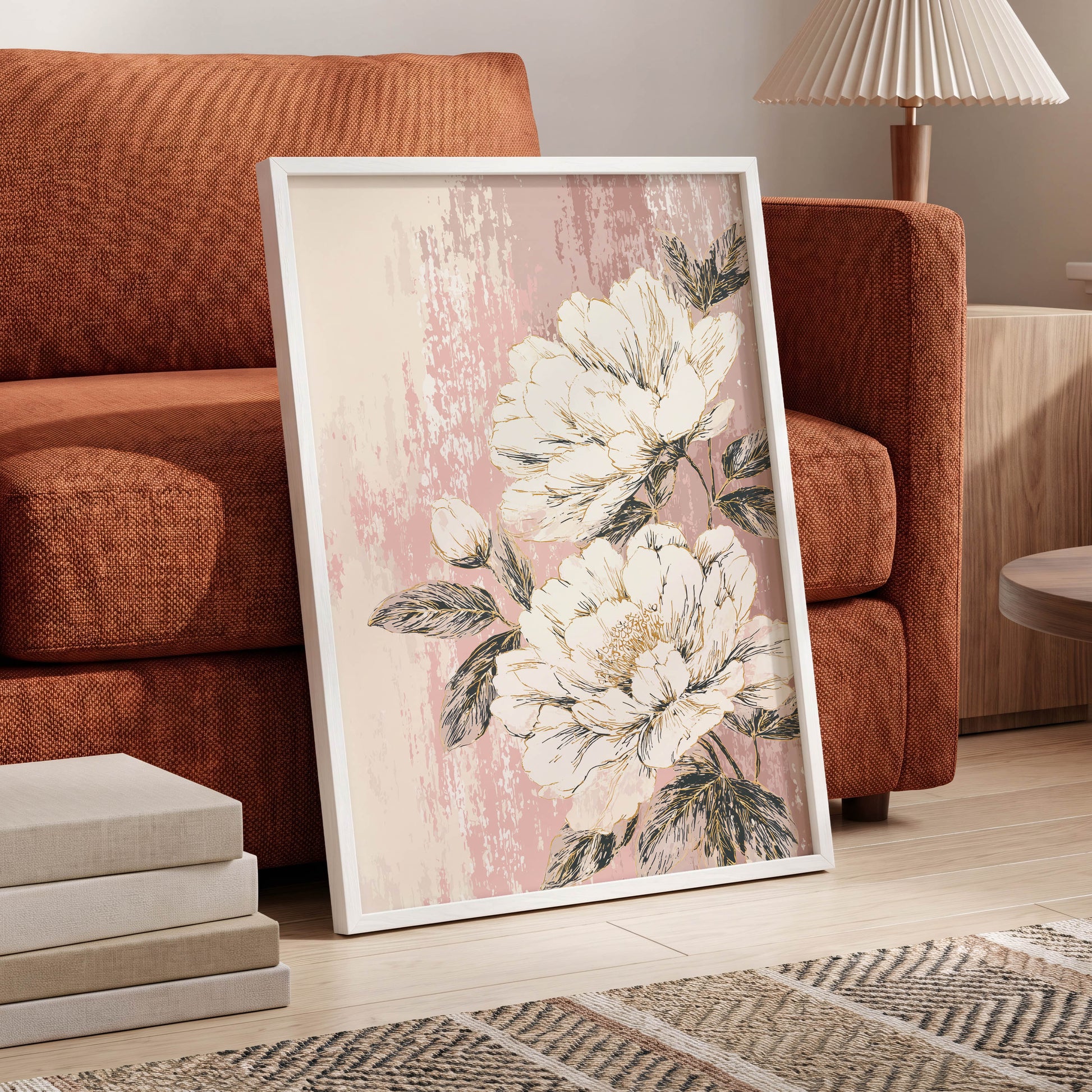 Blush Botanical Bloom: framed floral wall art leaning against an orange-brown sofa in a styled living room. The artwork shows large white flowers with green leaves on a distressed pink background, and the frame is white.
