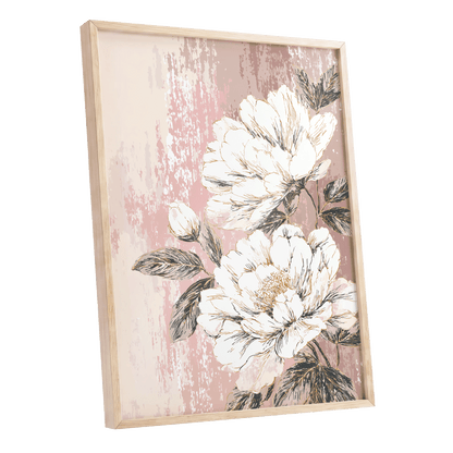 Blush Botanical Bloom: a framed floral wall art print featuring large white peony-like flowers with gray-green leaves on a distressed dusty pink background, shown in a light natural wood frame against a white studio background.