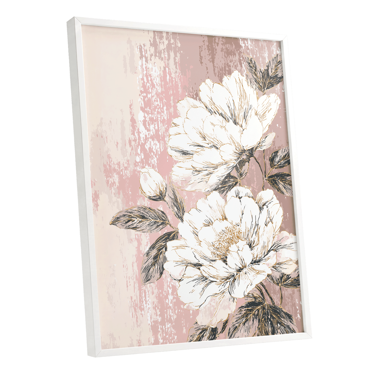 Blush Botanical Bloom: a framed floral wall art print featuring large white peony-like flowers with muted green leaves on a distressed dusty pink background, shown in a white frame at a slight angle.