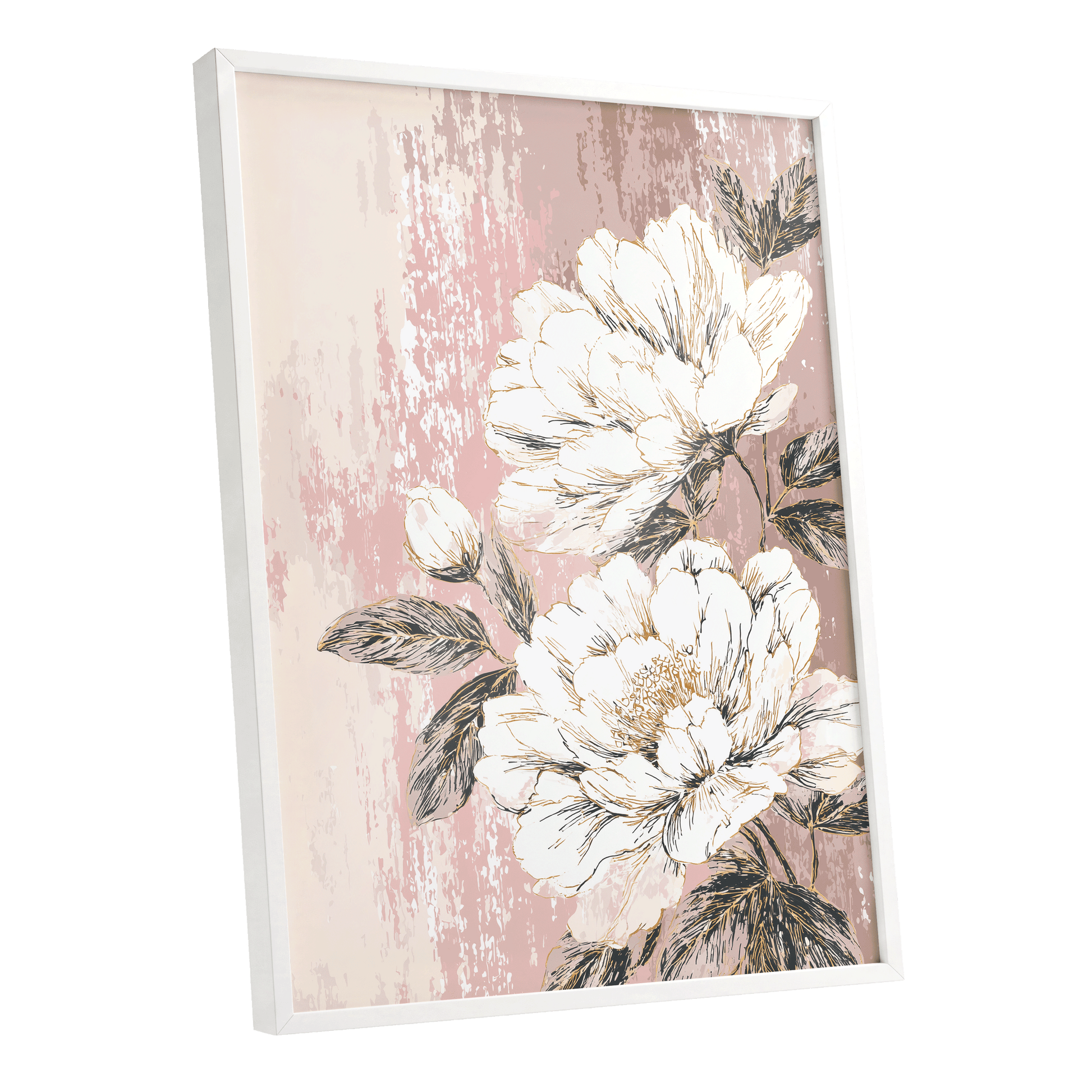 Blush Botanical Bloom: a framed floral wall art print featuring large white peony-like flowers with muted green leaves on a distressed dusty pink background, shown in a white frame at a slight angle.