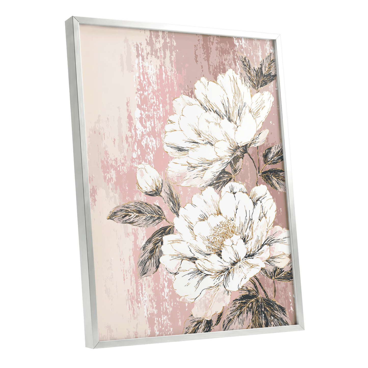 Blush Botanical Bloom: a framed floral wall art print featuring large white peony-like flowers with muted green leaves on a distressed dusty pink background, shown in a white frame at a slight angle.