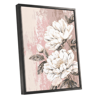 Blush Botanical Bloom: a framed floral wall art print featuring large white peony-like flowers with dark gray leaves on a distressed dusty pink and cream background, shown at an angle against a plain white backdrop.