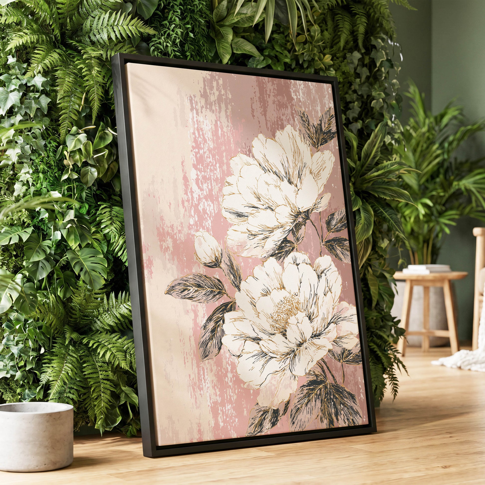 Blush Botanical Bloom: a framed vertical canvas print featuring large white peony flowers on a distressed pink background, leaning against a green leaf wall in a styled interior setting.