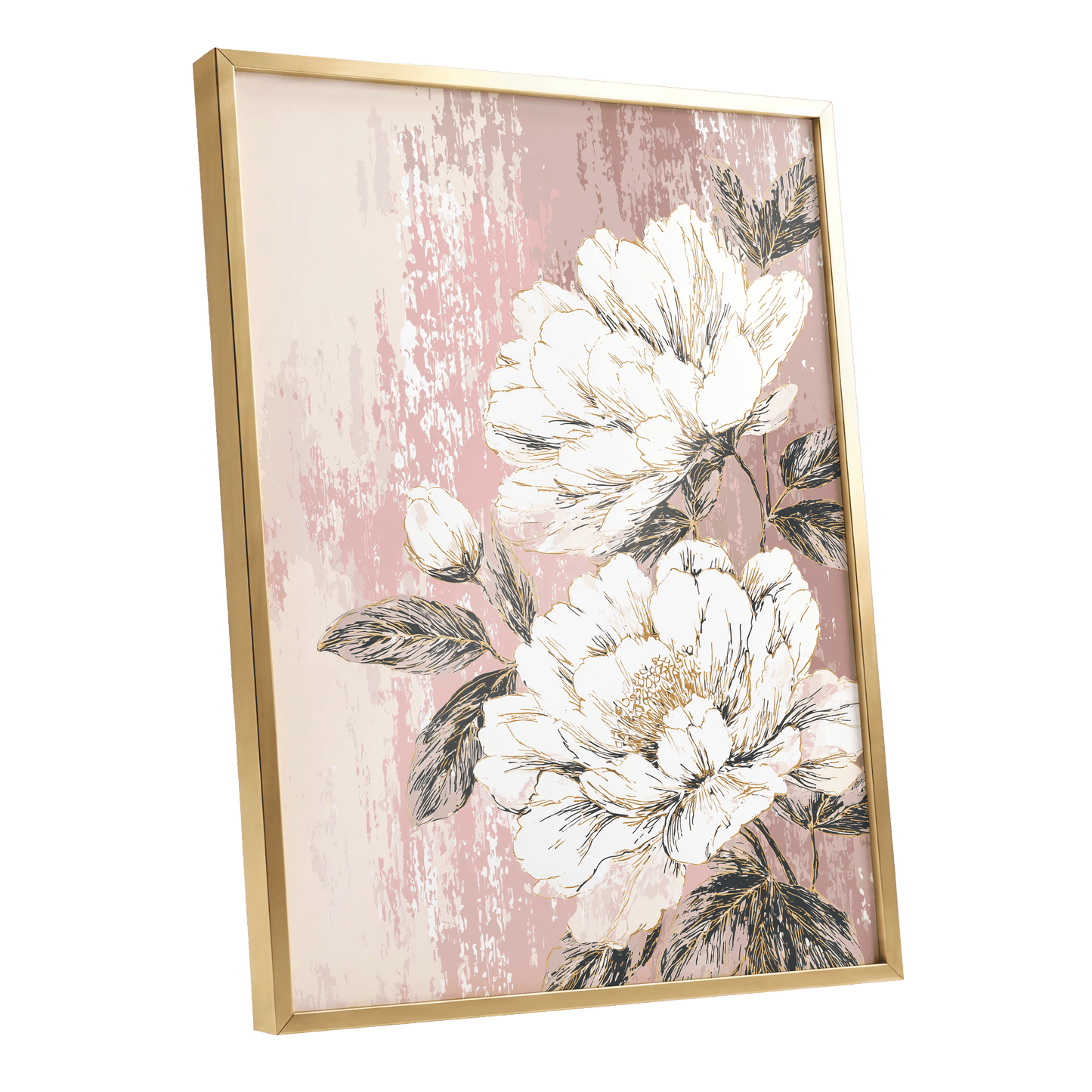 Blush Botanical Bloom: framed wall art featuring large white peony flowers with gray-green leaves on a distressed dusty pink background, enclosed in a gold frame.