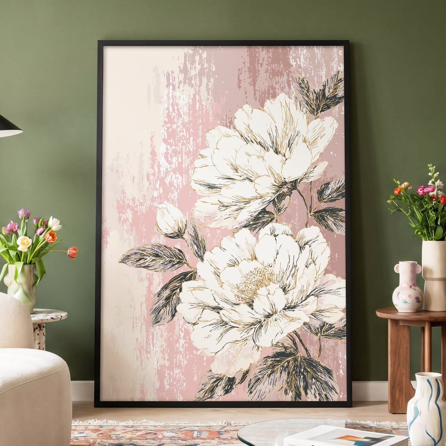 Blush Botanical Bloom: a large framed floral wall art print featuring oversized white flowers with dark green leaves on a distressed pink background, leaning against a green wall in a styled room with side tables and flowers.
