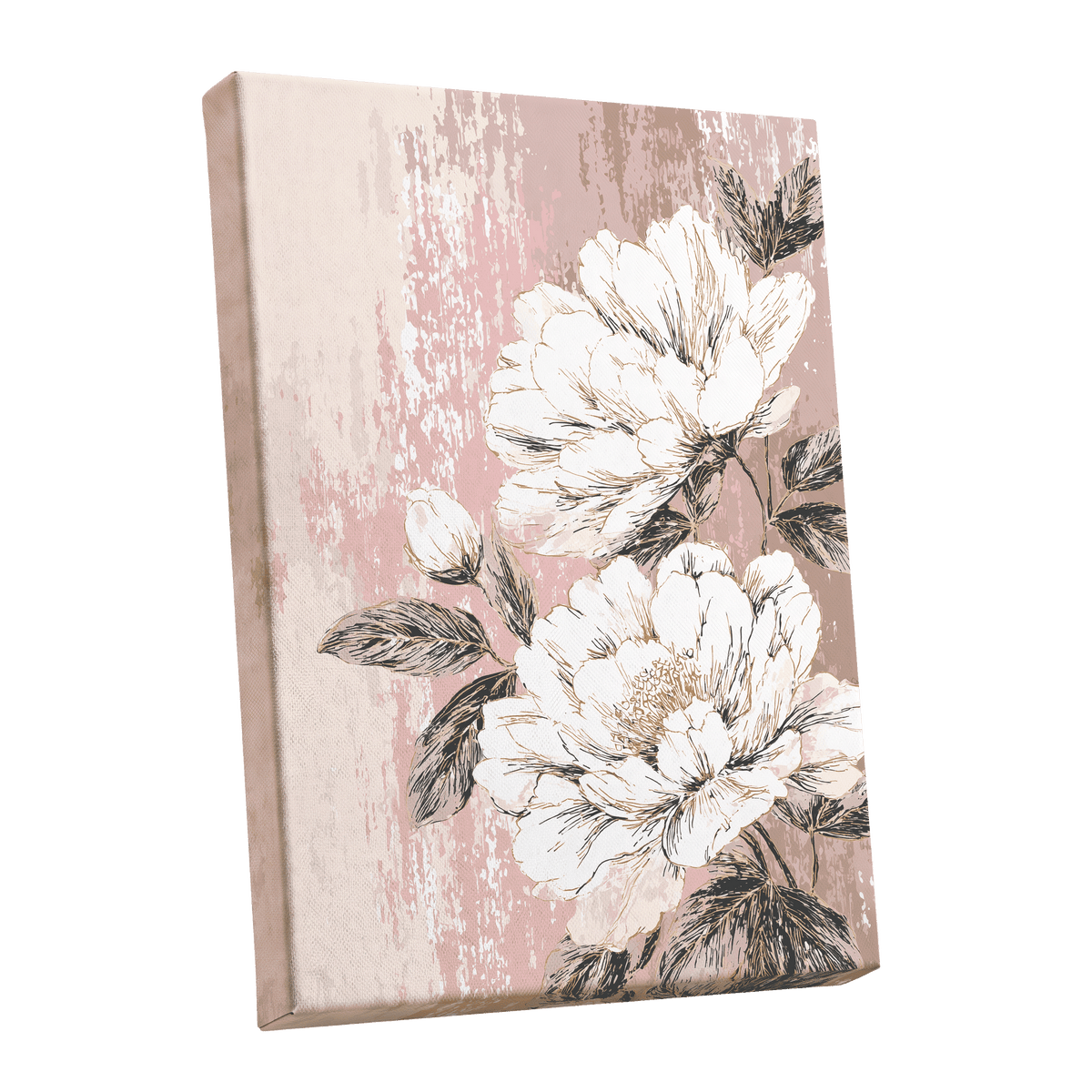 Blush Botanical Bloom: a square canvas wall art print featuring large white peony flowers with dark gray leaves on a distressed dusty pink and beige background, shown at an angle against a plain white background.