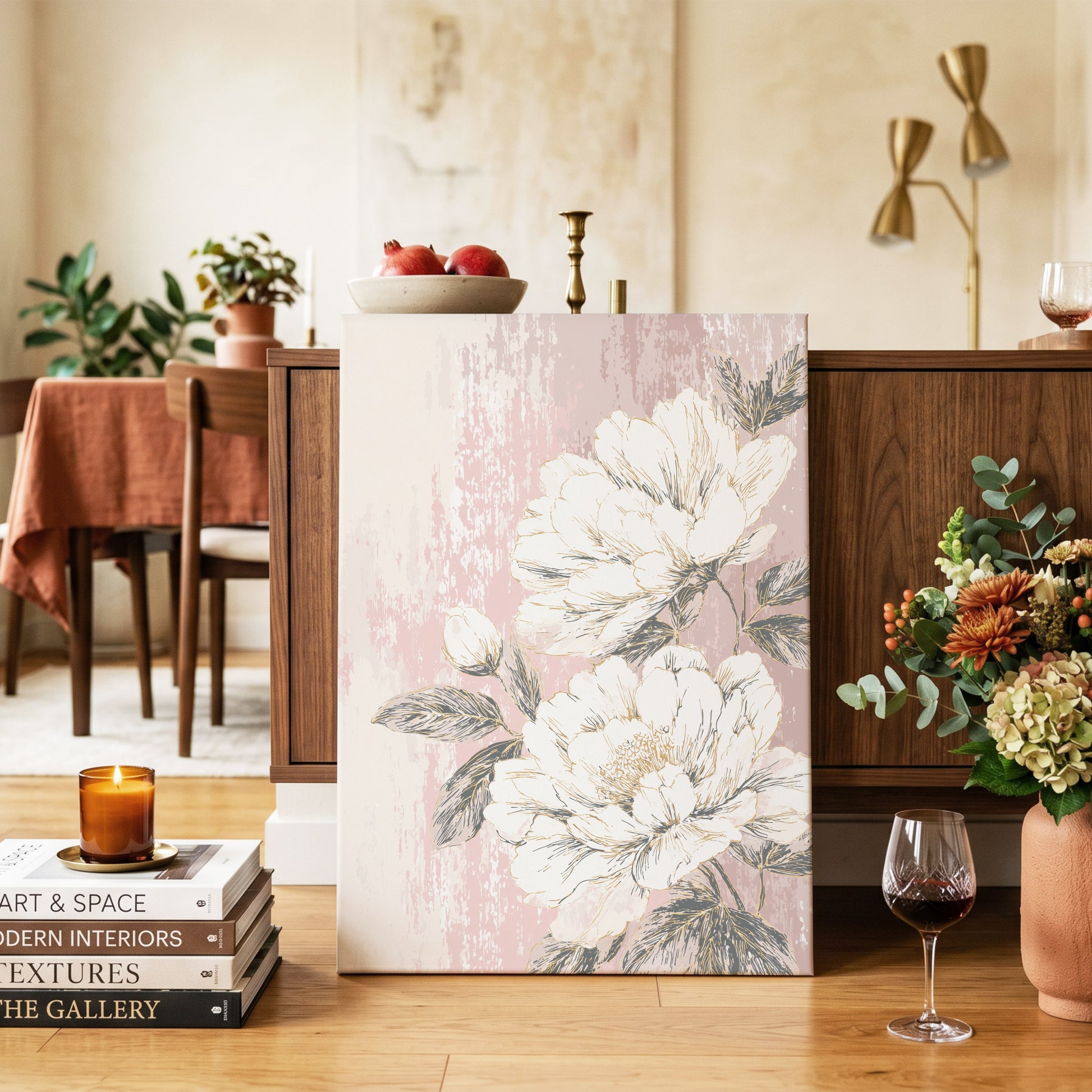 Blush Botanical Bloom: a vertical canvas wall art print featuring large white peony flowers with gray-green leaves on a soft pink textured background, styled in a warm, modern dining room setting.