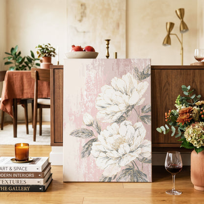 Blush Botanical Bloom: a vertical canvas wall art print featuring large white peony flowers with gray-green leaves on a soft pink textured background, styled in a warm, modern dining room setting.