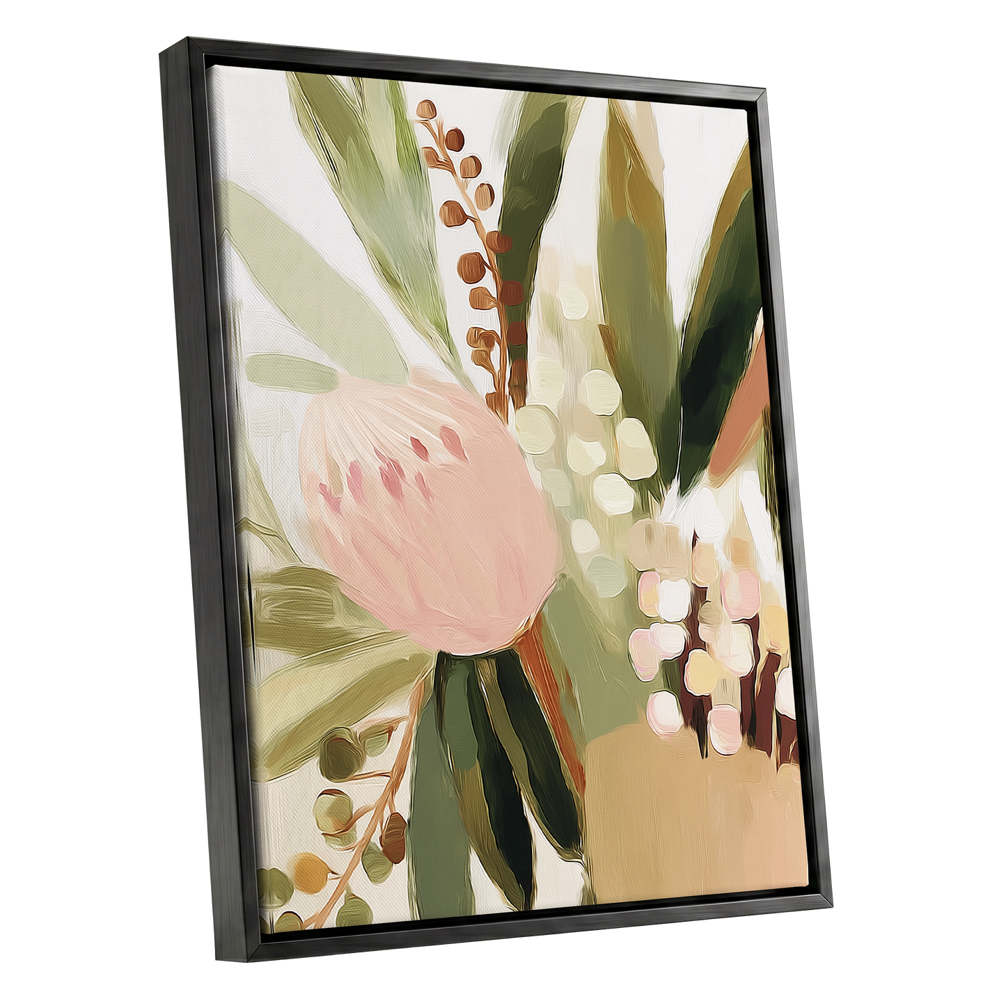 Blush Botanical Reverie, green, beige, pink floral wall art shown as a black framed canvas wall art