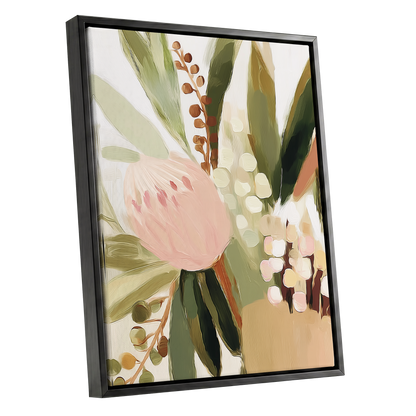 Blush Botanical Reverie, green, beige, pink floral wall art shown as a black framed canvas wall art