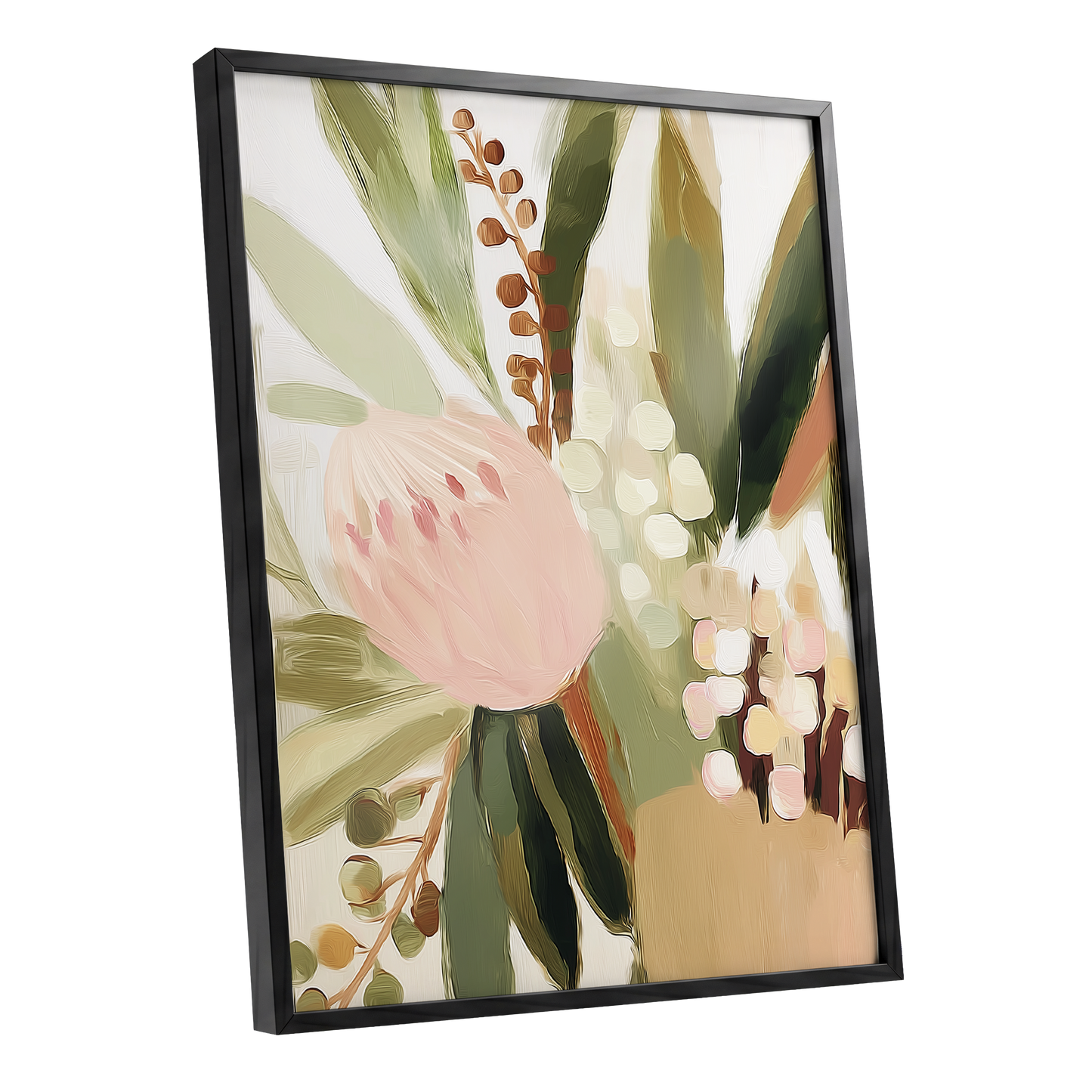 Blush Botanical Reverie, green, beige, pink floral wall art shown as a black framed poster wall art print