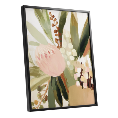 Blush Botanical Reverie, green, beige, pink floral wall art shown as a black framed poster wall art print