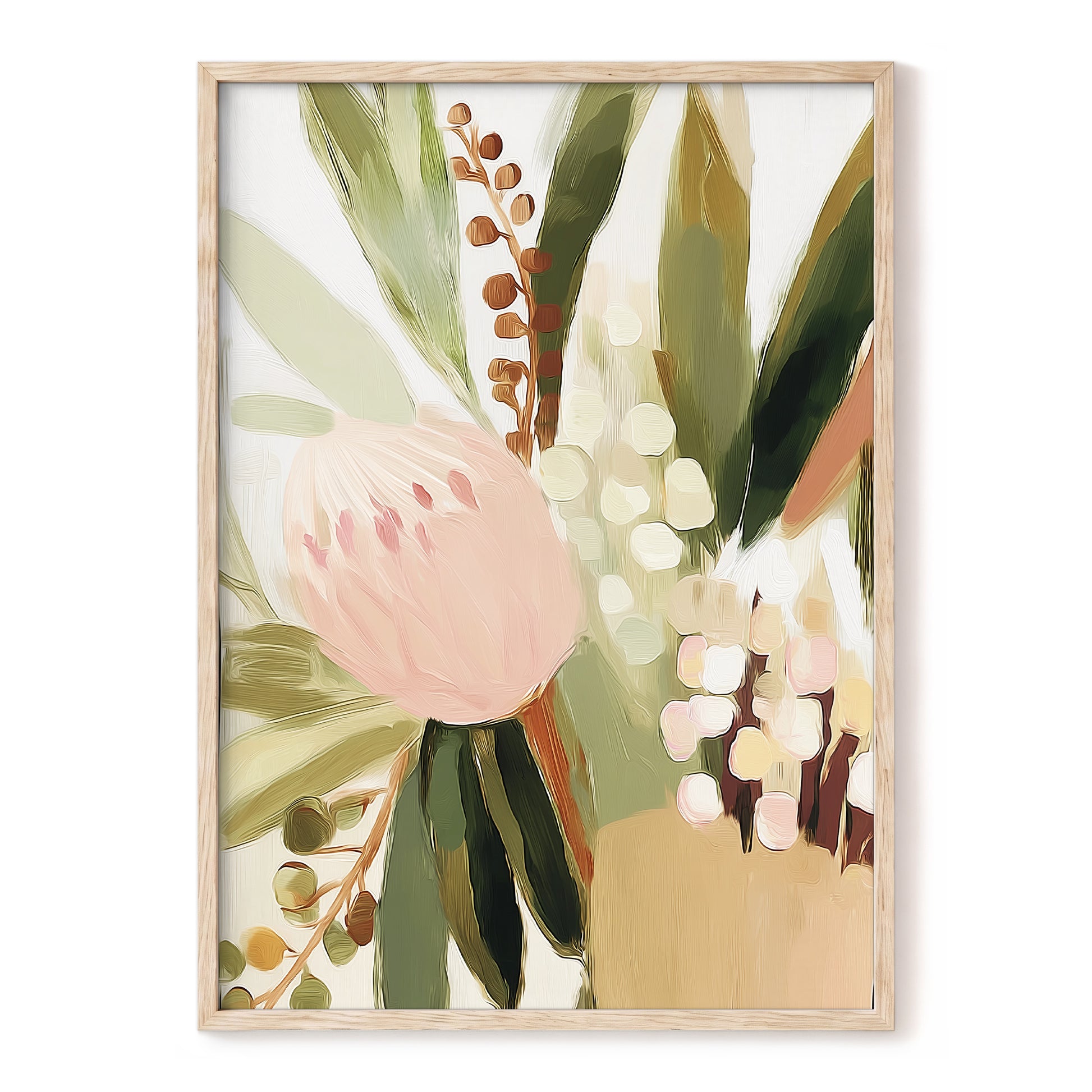 Blush Botanical Reverie, green, beige, pink floral wall art, front artwork view