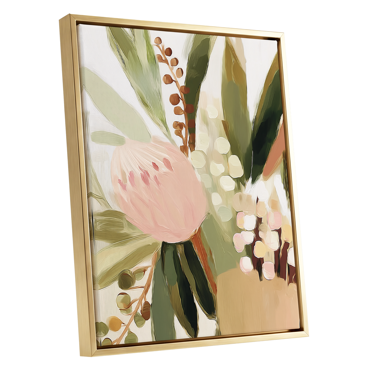 Blush Botanical Reverie, green, beige, pink floral wall art shown as a gold framed canvas wall art