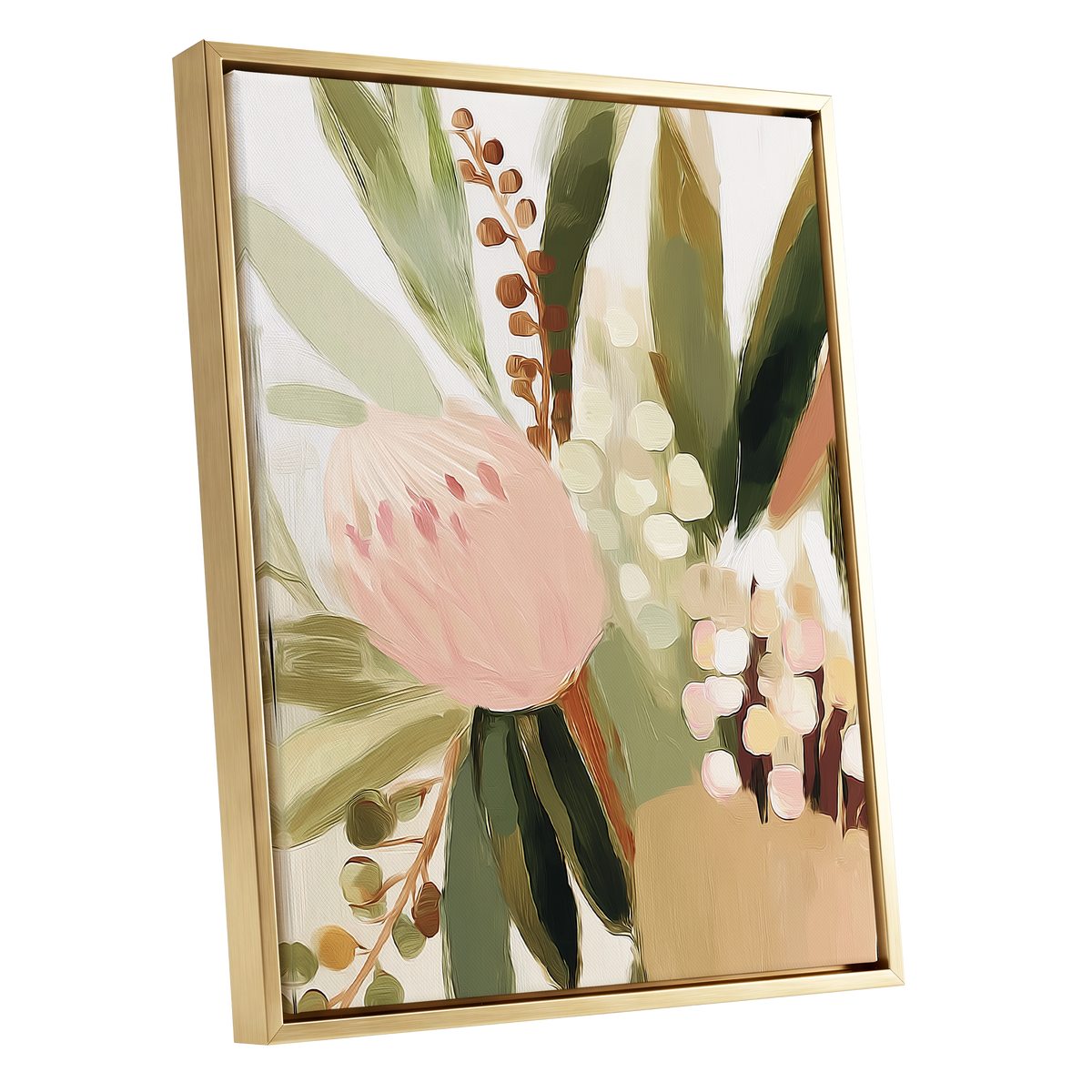 Blush Botanical Reverie, green, beige, pink floral wall art shown as a gold framed canvas wall art