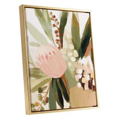 Blush Botanical Reverie, green, beige, pink floral wall art shown as a gold framed canvas wall art