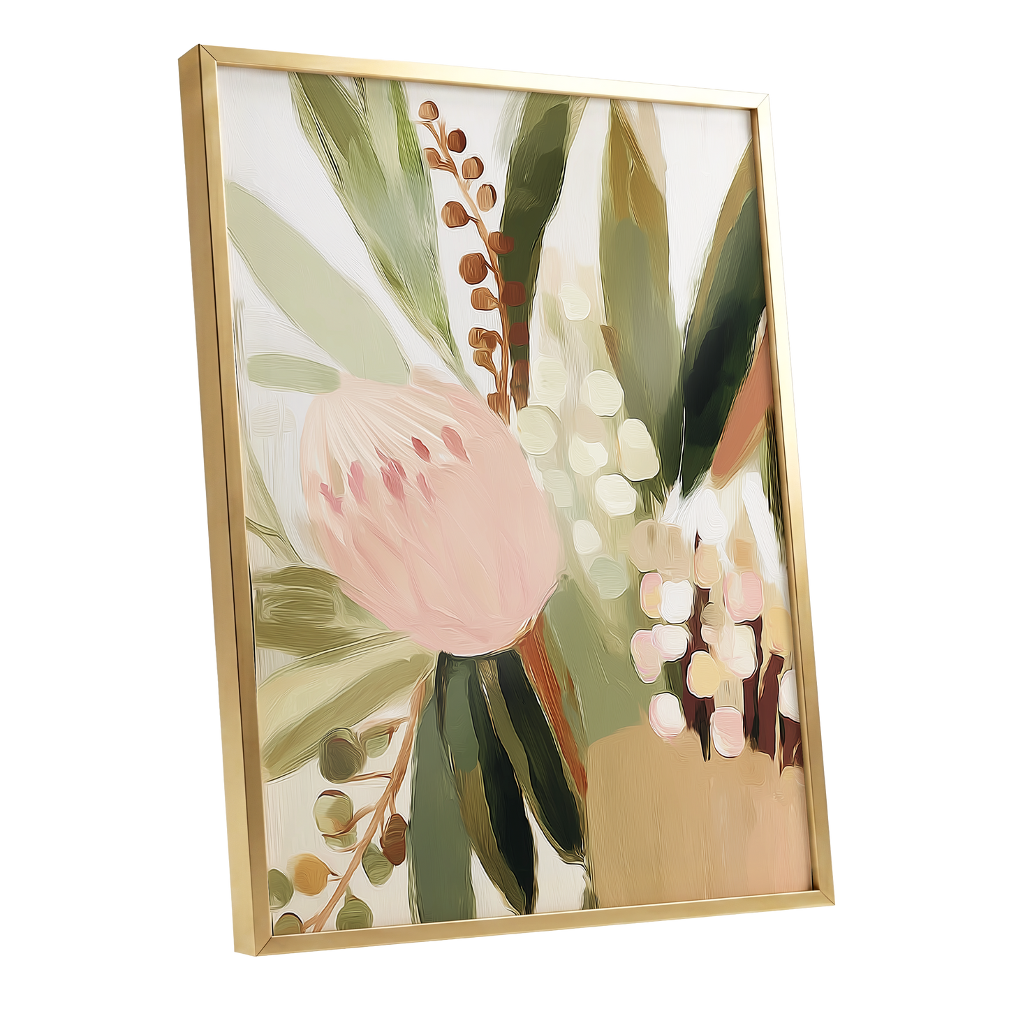 Blush Botanical Reverie, green, beige, pink floral wall art shown as a gold framed poster wall art print