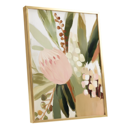 Blush Botanical Reverie, green, beige, pink floral wall art shown as a gold framed poster wall art print