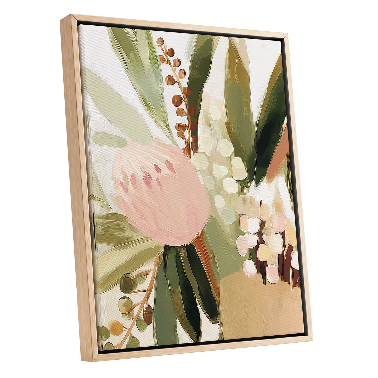 Blush Botanical Reverie, green, beige, pink floral wall art shown as a oak framed canvas wall art