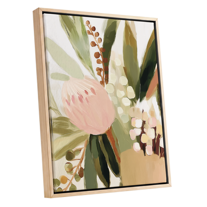 Blush Botanical Reverie, green, beige, pink floral wall art shown as a oak framed canvas wall art