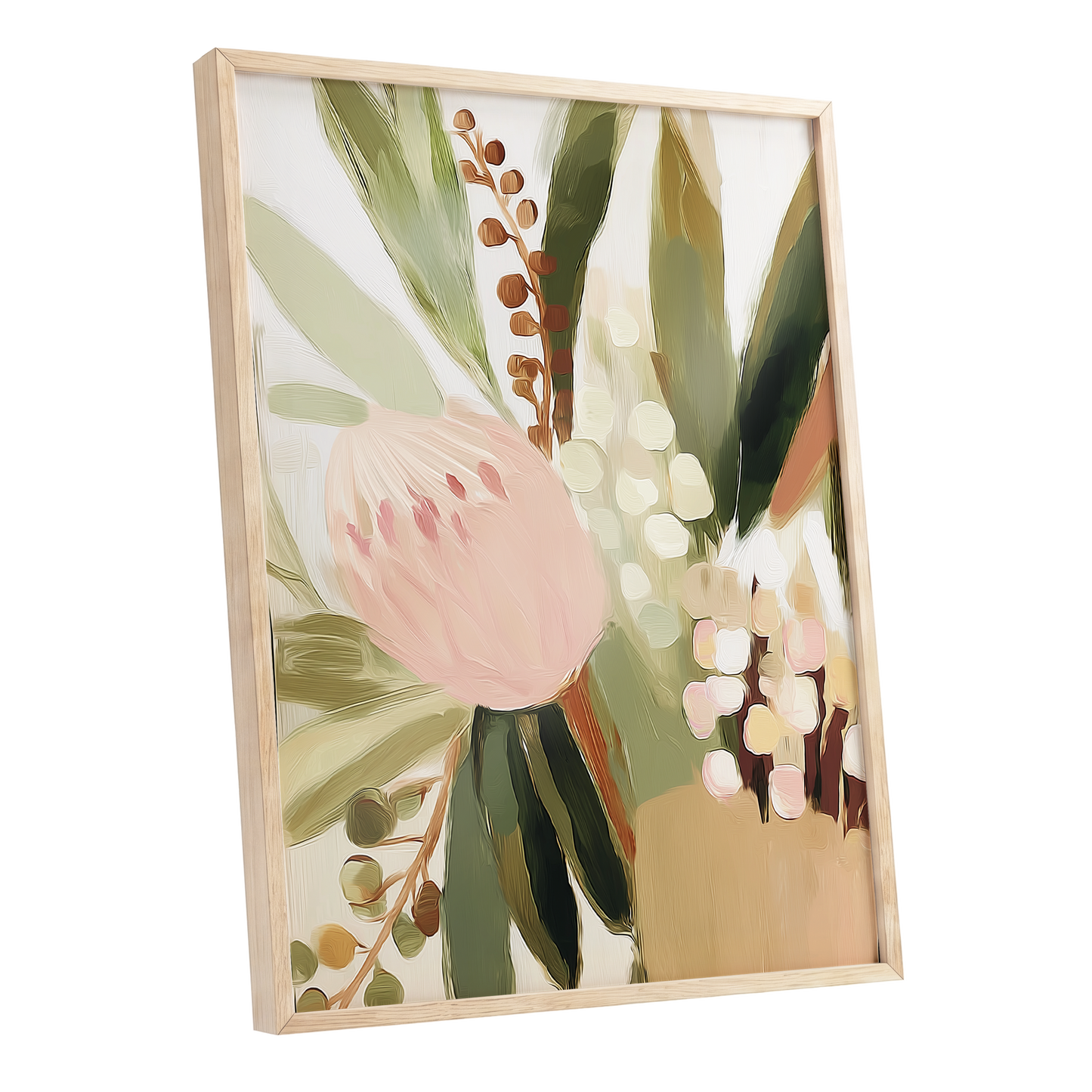 Blush Botanical Reverie, green, beige, pink floral wall art shown as a oak framed poster wall art print