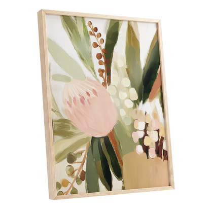 Blush Botanical Reverie, green, beige, pink floral wall art shown as a oak framed poster wall art print