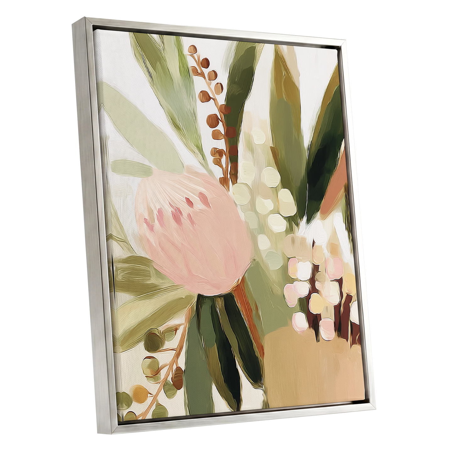 Blush Botanical Reverie, green, beige, pink floral wall art shown as a silver framed canvas wall art