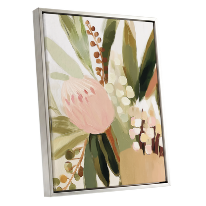 Blush Botanical Reverie, green, beige, pink floral wall art shown as a silver framed canvas wall art