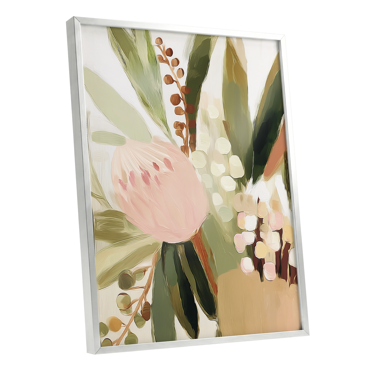 Blush Botanical Reverie, green, beige, pink floral wall art shown as a silver framed poster wall art print
