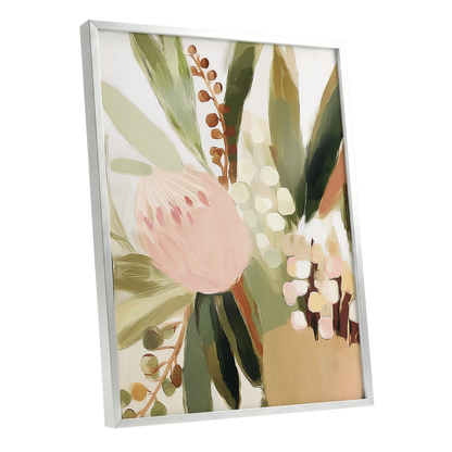 Blush Botanical Reverie, green, beige, pink floral wall art shown as a silver framed poster wall art print