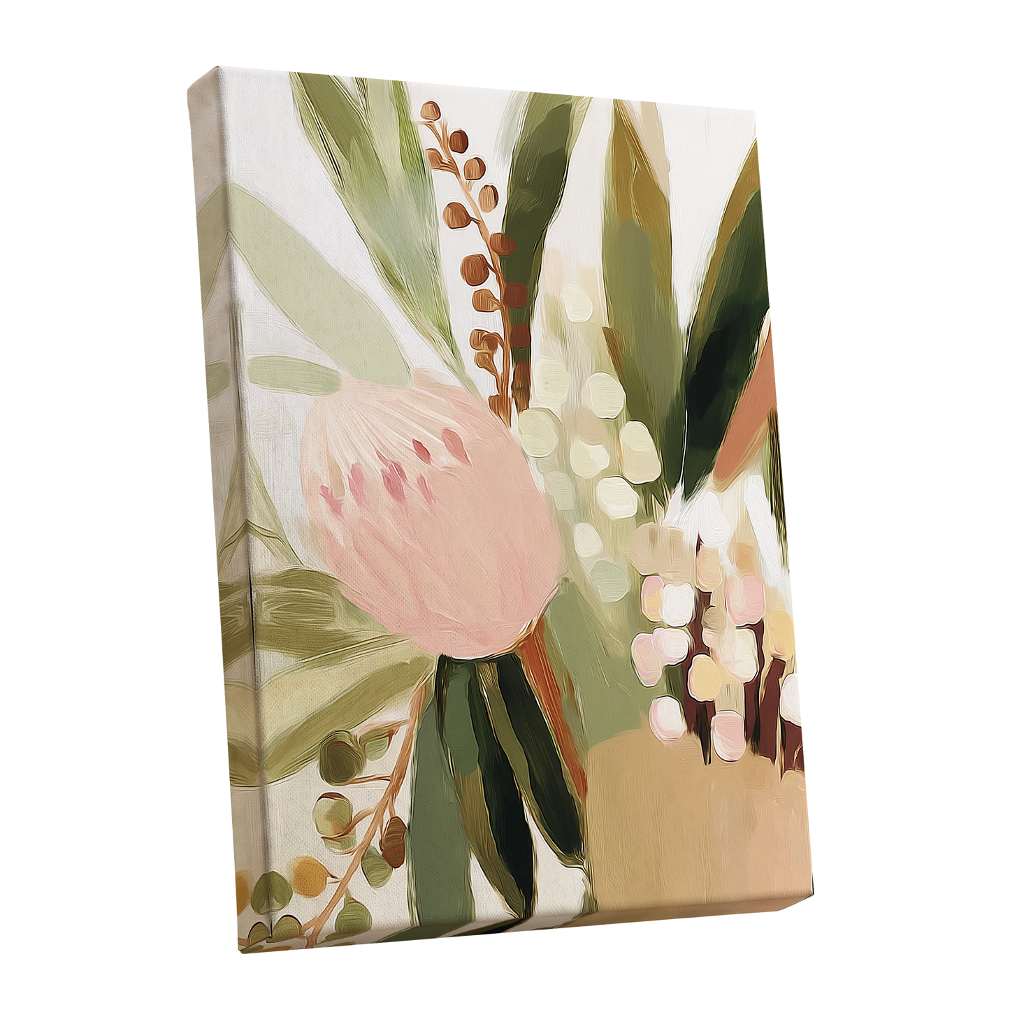 Blush Botanical Reverie, green, beige, pink floral wall art shown as a stretched canvas wall art