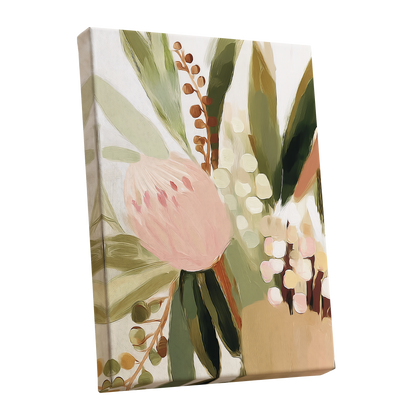 Blush Botanical Reverie, green, beige, pink floral wall art shown as a stretched canvas wall art