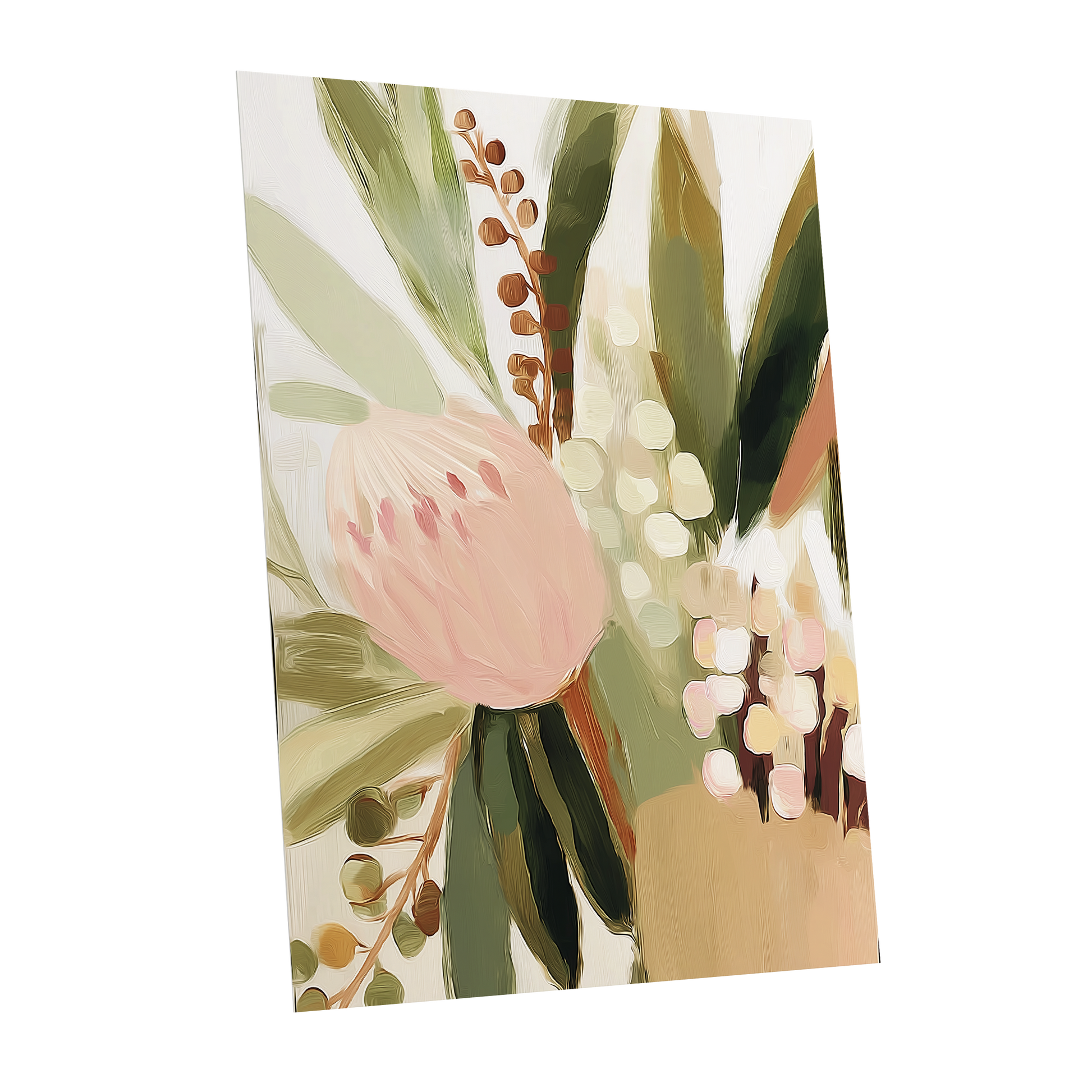 Blush Botanical Reverie, green, beige, pink floral wall art shown as a unframed poster wall art print