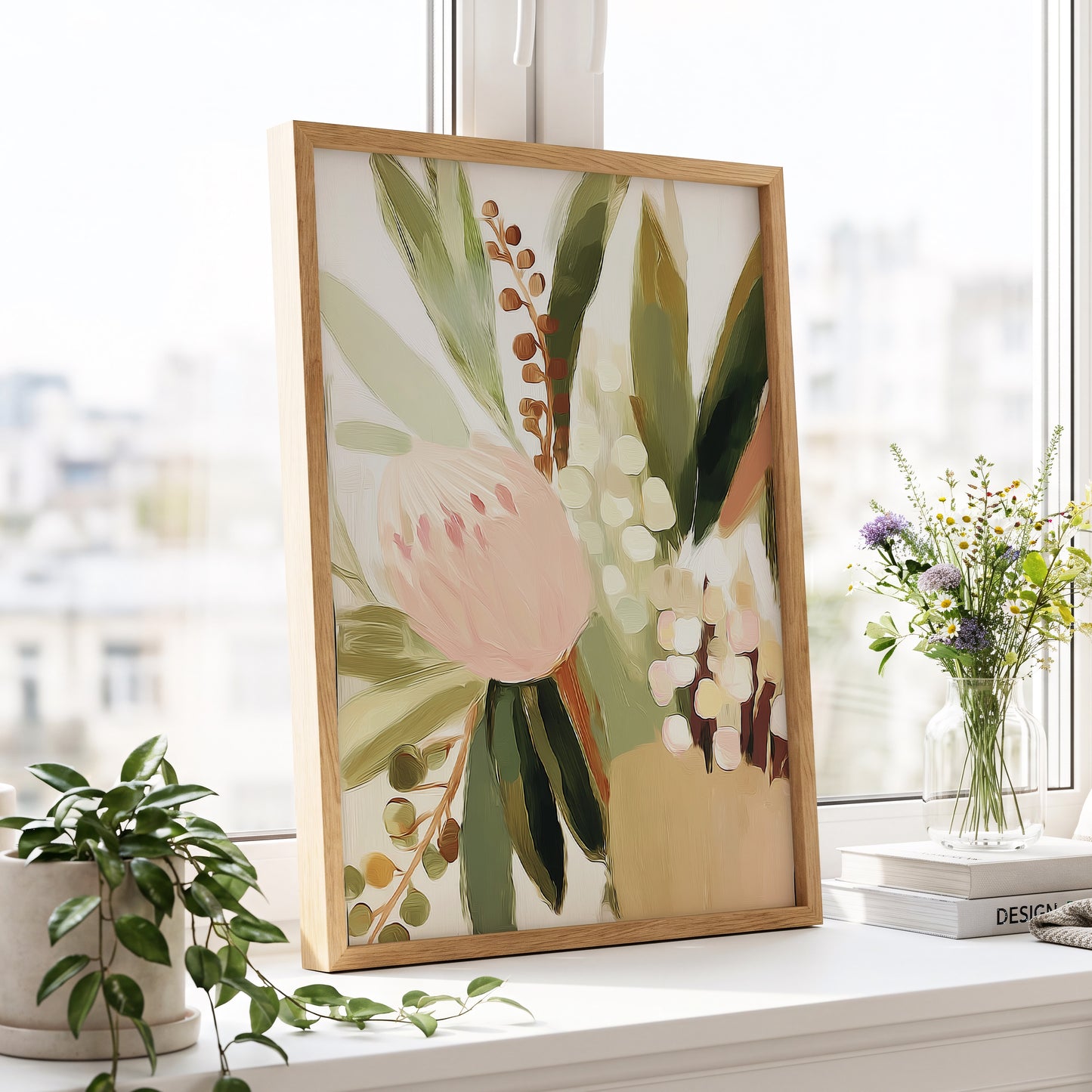 Blush Botanical Reverie, green, beige, pink floral wall art displayed in a styled interior, gallery view 2