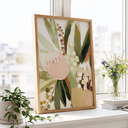 Blush Botanical Reverie, green, beige, pink floral wall art displayed in a styled interior, gallery view 2