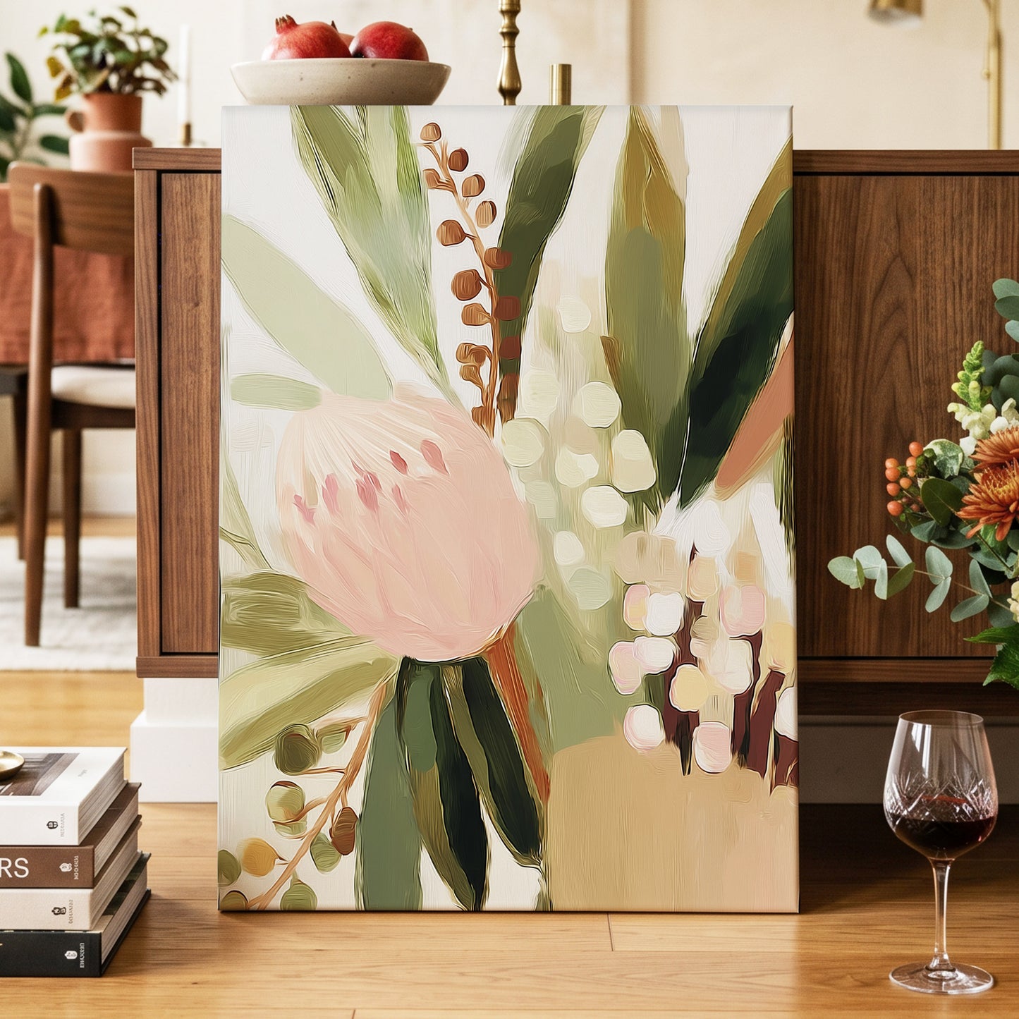 Blush Botanical Reverie, green, beige, pink floral wall art displayed in a styled interior, gallery view 3